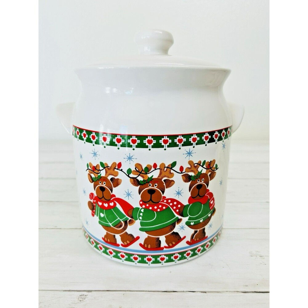 Vintage B&D Reindeer Cookie Jar Green Red Hearts White 1980’s 8' tall W/Lid